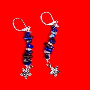 Lapis Lazuli Chip Stone Womens Flower Charm Silver Dangle Earrings